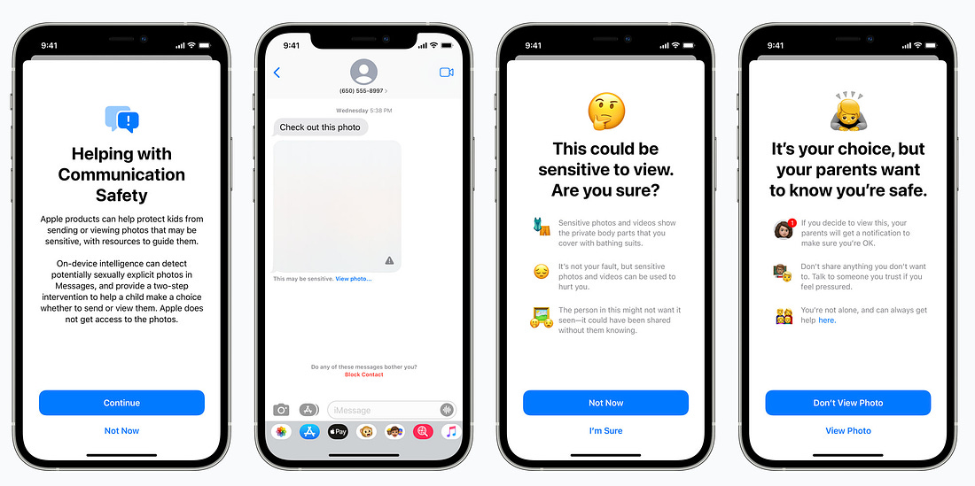 Screenshots of Apple's new messages about sensitive images (Apple)