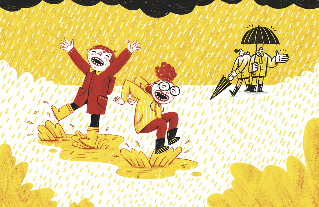 Two children jump in puddles while their parents watch from under their umbrellas. 