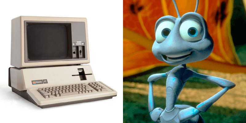 Photos: Apple III computer and still from A Bug's Life