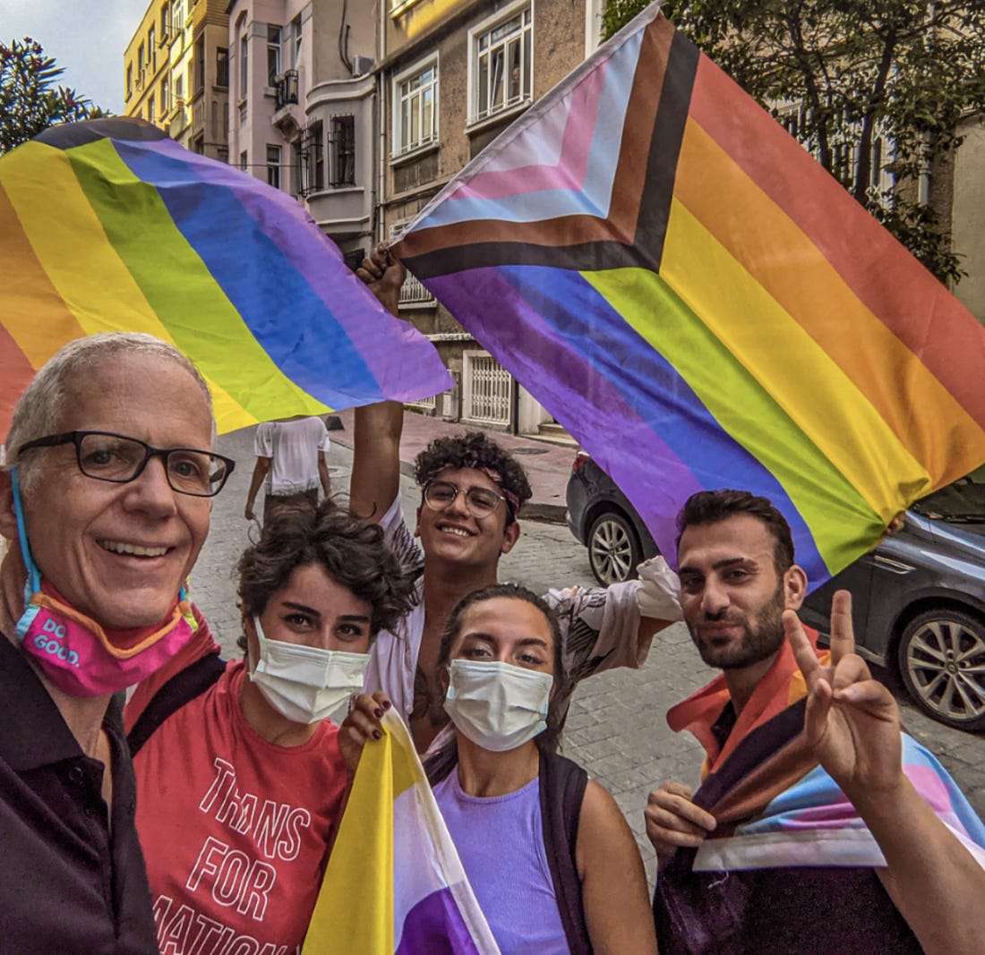 Michael marching with LGBTQ activists in Istanbul shortly before they were tear-gassed by the police.. 