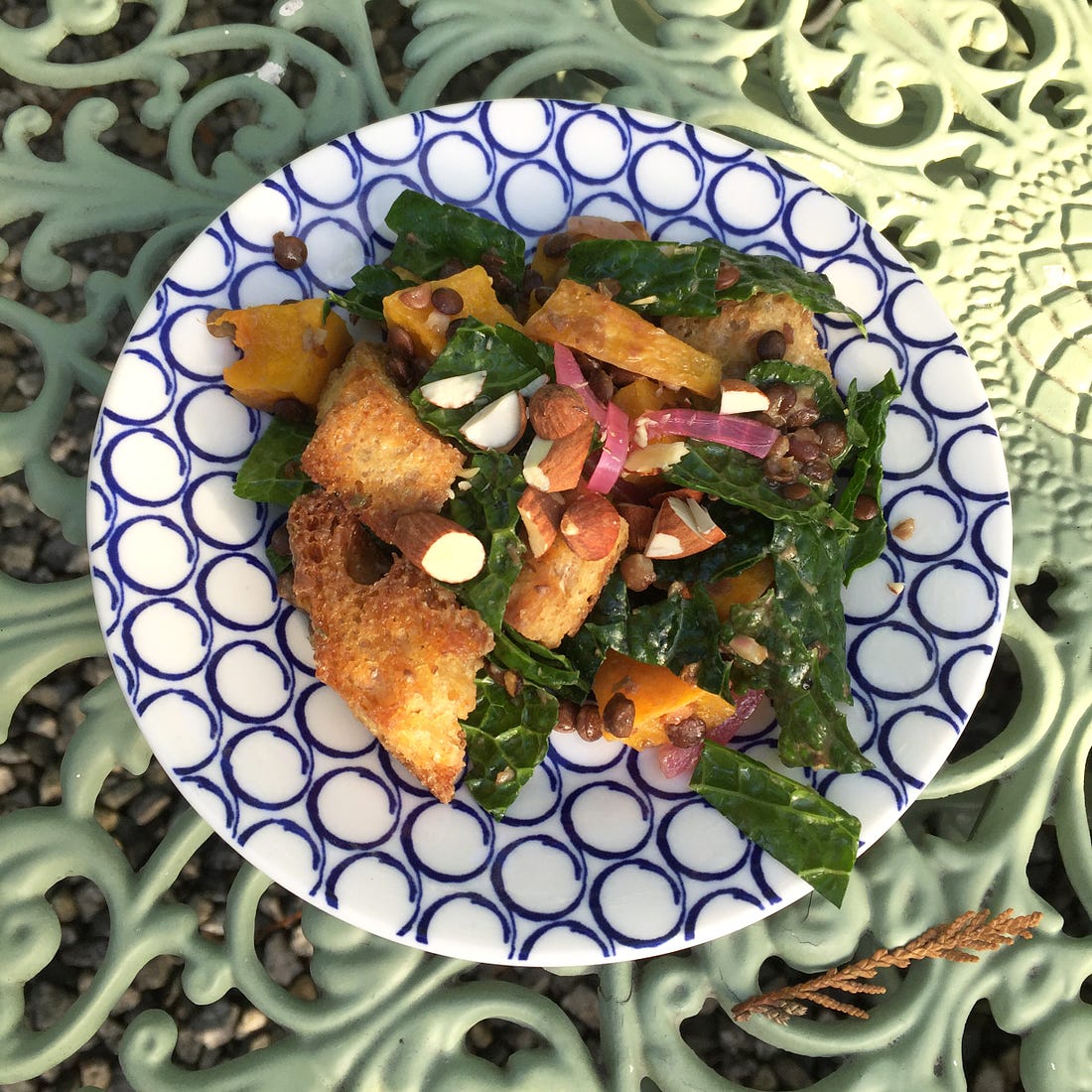 On an outdoor table, a small blue and white plate with squash and kale panzanella. Lentils and pink pieces of pickled onion are visible throughout, and chopped almonds decorate the top. 