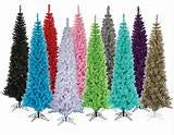 A set of variously colored Christmas trees