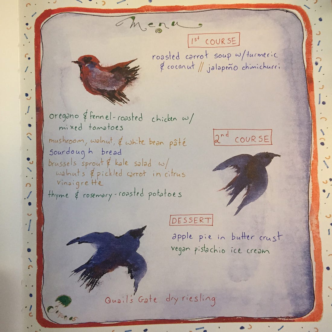 A menu book with painted birds and a handwritten menu for Thanksgiving dinner. All the dishes listed are discussed below.