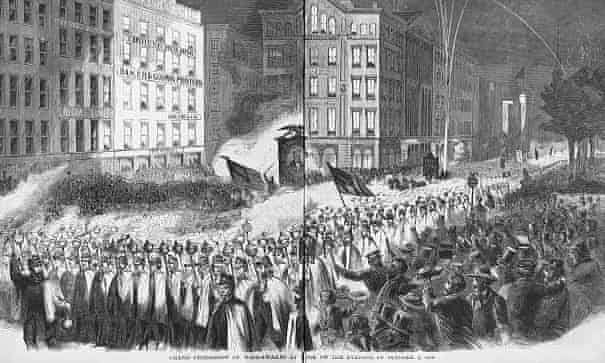 Grand procession of Wide-Awakes at New York on the evening of 3 October 1860. 