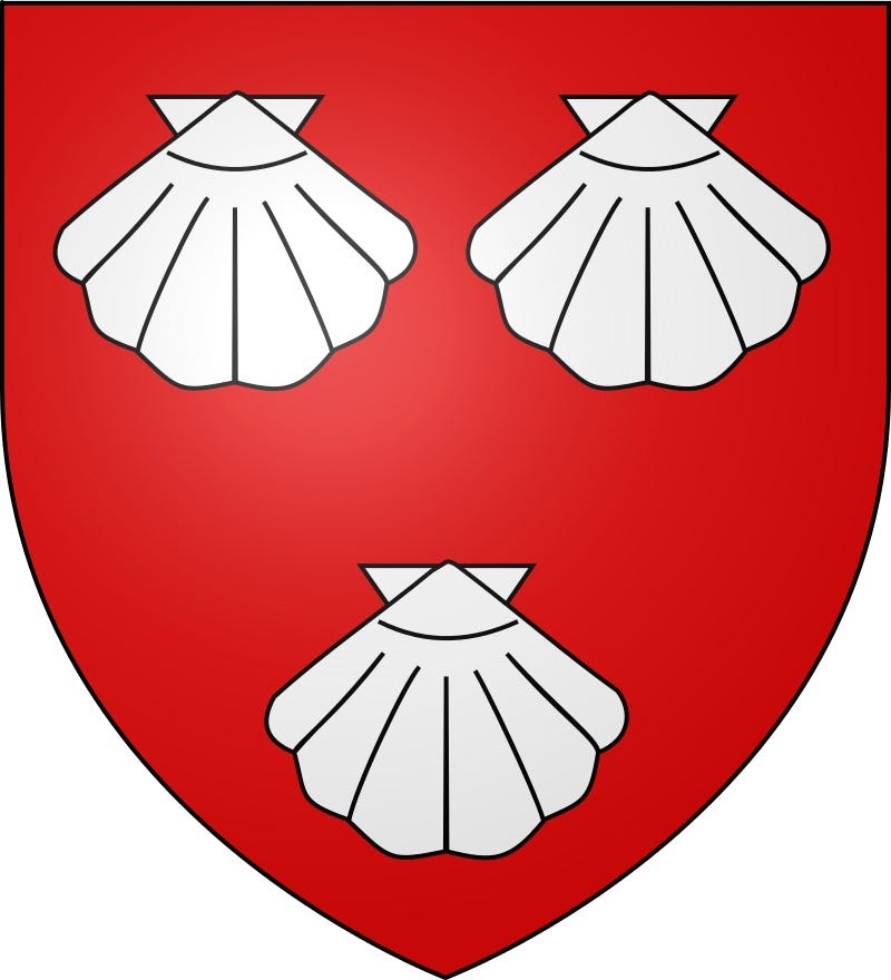 Three scallops on red coat of arms for the Dacre family