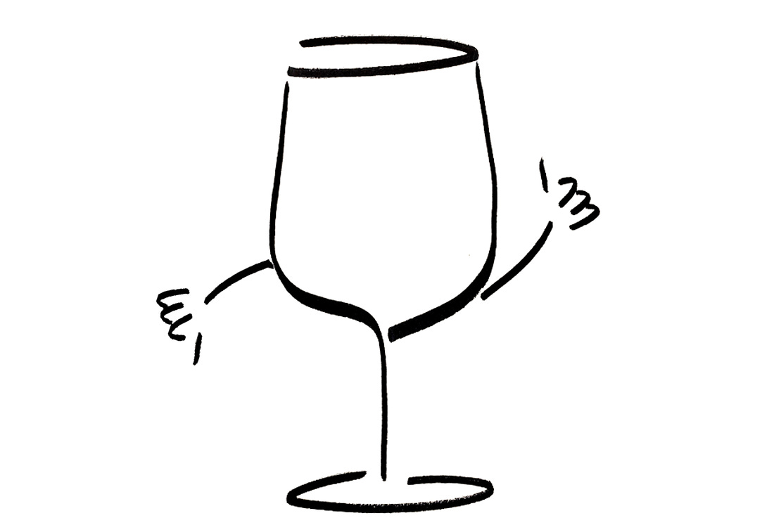 An anthropomorphic wine glass gives both a thumbs up and a thumbs down