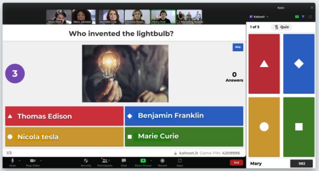 A quiz question about who invented the lightbulb from a screenshot of a Kahoot quiz played over Zoom