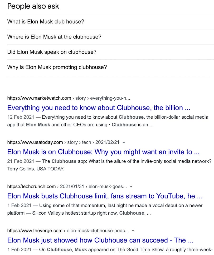Screenshot of web search on Clubhouse and Elon Musk’s Clubhouse chatroom which hyped the interest in the social media app.