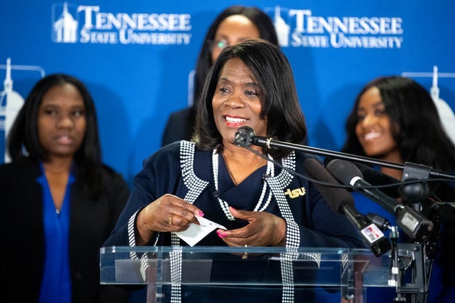 Tennessee State University President Glenda Glover, holding a check, speakers during a “$1 Million in 1 Month” campaign event on TSU's campus in Nashville, Tenn.. on Jan. 30, 2020. During her tenure as president, Glover has worked to increase alumni and corporate giving to the historically Black state university.