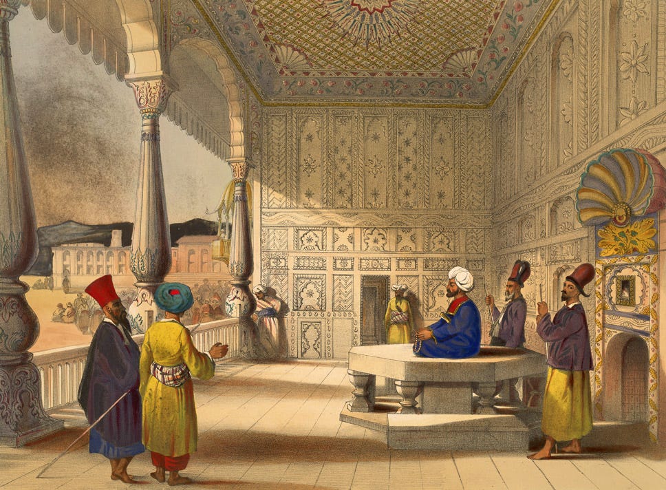 This scene shows Shah Shuja in 1839 after his enthronement as Emir of Afghanistan in the Bala Hissar (fort) of Kabul