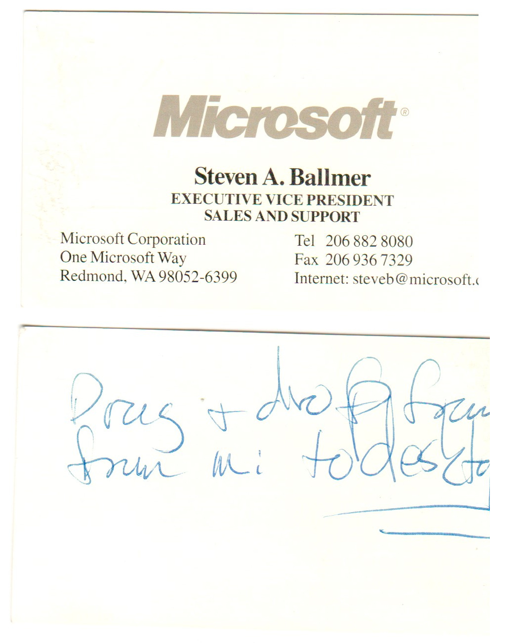 Microsoft business card for Steve Ballmer with notes on the back