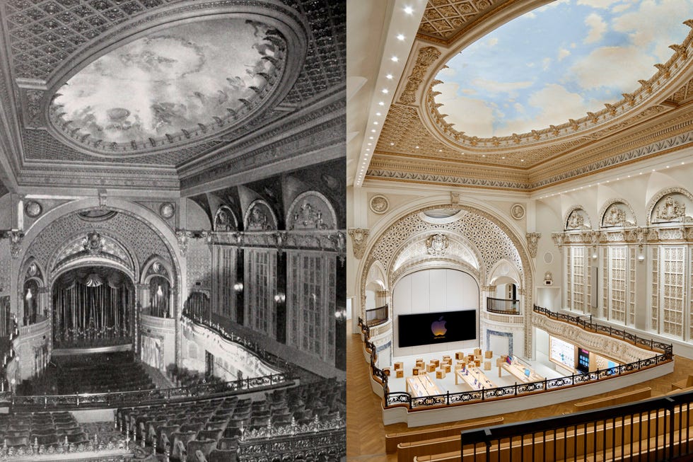 An archival photograph of Tower Theatre next to one of a fully updated Apple Tower Theatre shows how Apple effectively preserved and restored the theater’s beauty and grandeur.