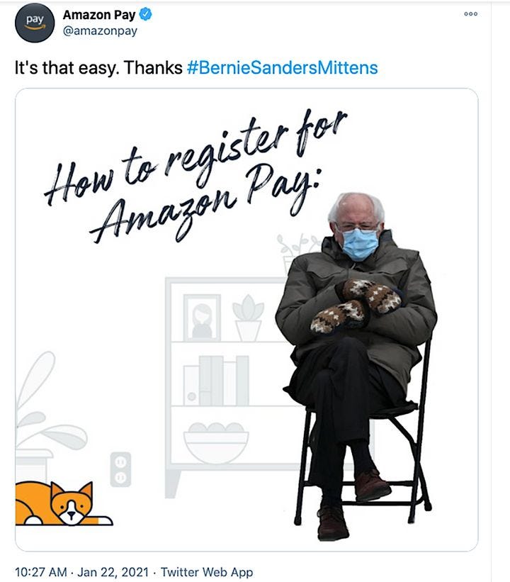 Bernie Sanders meme hijacked for Amazon Pay ad.