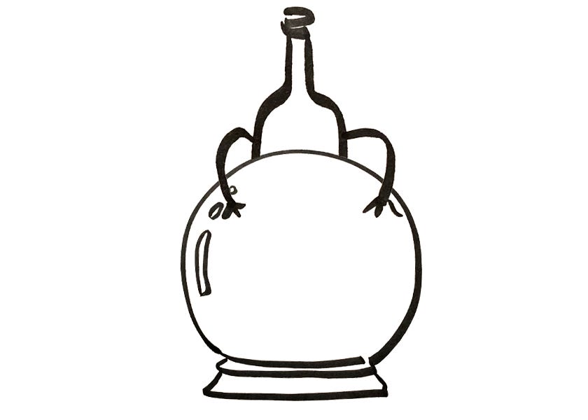 An anthropomorphic wine bottle is looking at a crystal ball