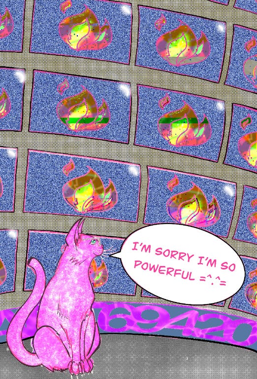 A wall of repeating patterns of flames and a pink cat with the speech bubble "I am sorry I am so powerful" and near the bottom of the image, the banner 69420