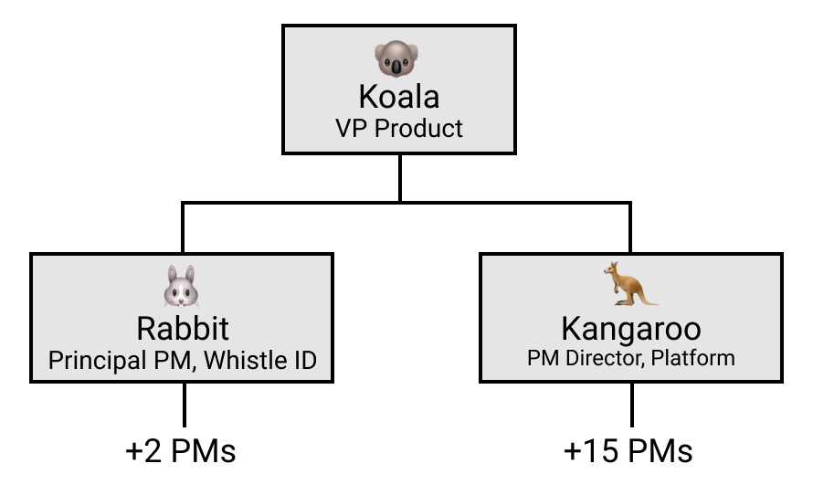 Org chart showing Koala (VP Product) and Rabbit (Principal PM) and Kangaroo (Director)