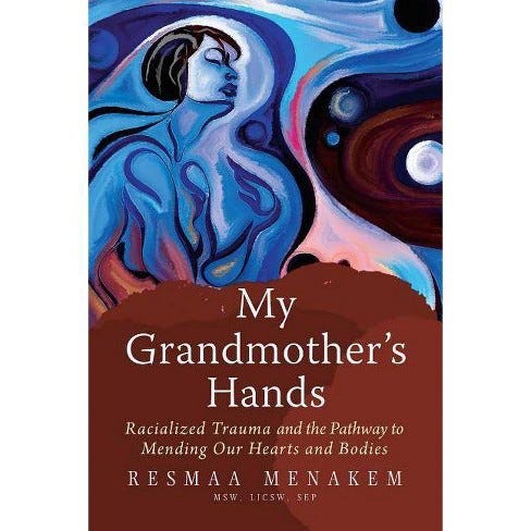 Cover of My Grandmother’s Hands—Painting of a figure in swirling cool tone colours.