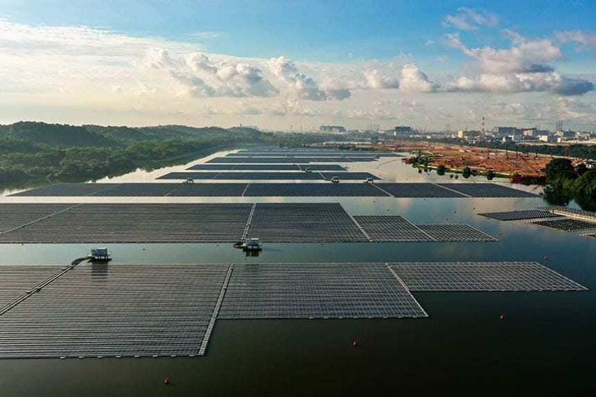 Aerial footage of Sembcorp Tengeh Floating Solar Farm on June 20, 2021.