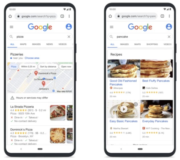 Comparativa de resultados de la búsqueda "pizza" y la búsqueda de "pancake" en Google
