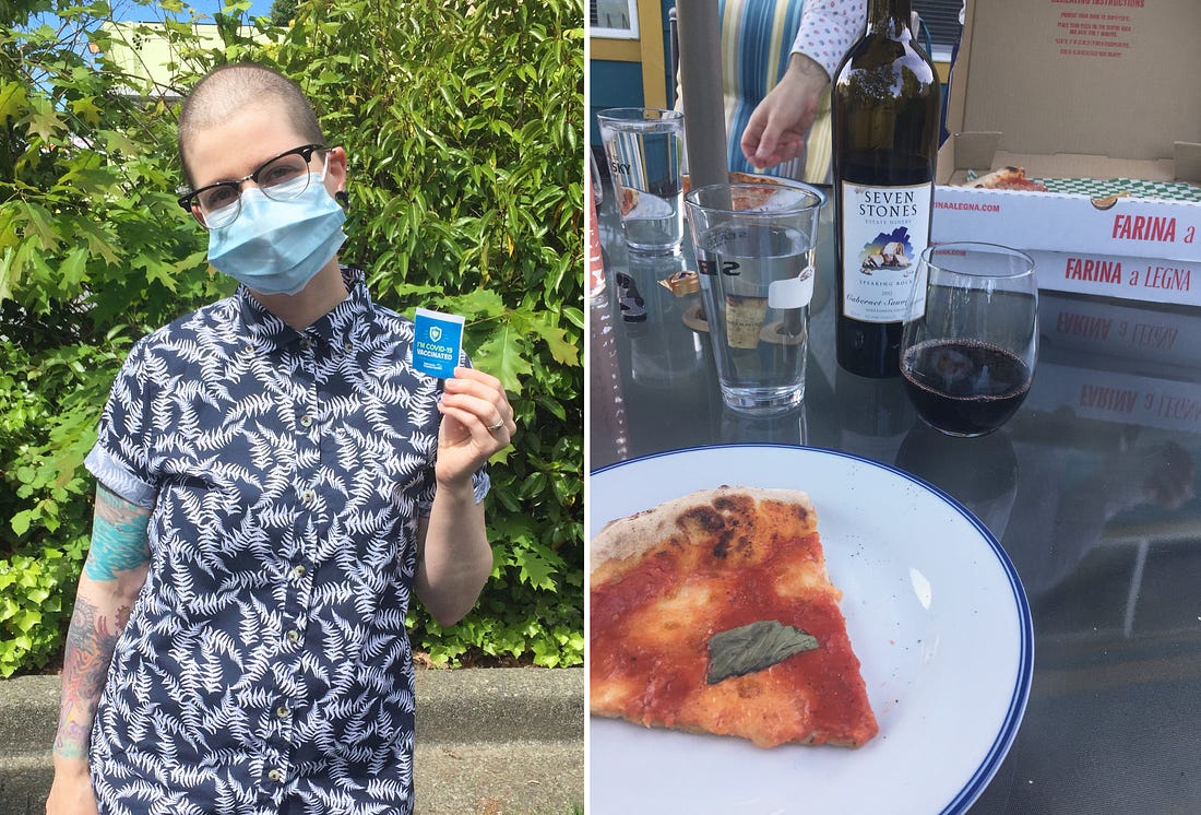 left image: me, wearing a mask in front of green bushes in a blue shirt with white ferns, holding a blue COVID-19 vaccination sticker. Right image: an outdoor table with two pizza boxes, one open on top of the other. In the foreground, a slice of margherita pizza, and a bottle of red wine with two glasses.