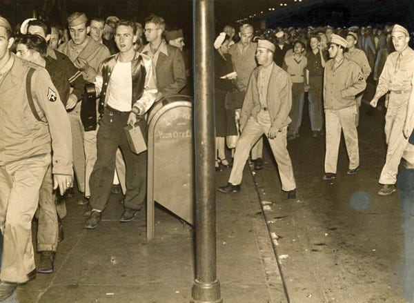 For several days in June 1943, uniformed members of the U.S. armed forces rioted throughout Los Angeles, targeting young men in zoot suits. Courtesy of the Los Angeles Examiner Collection, USC Libraries.