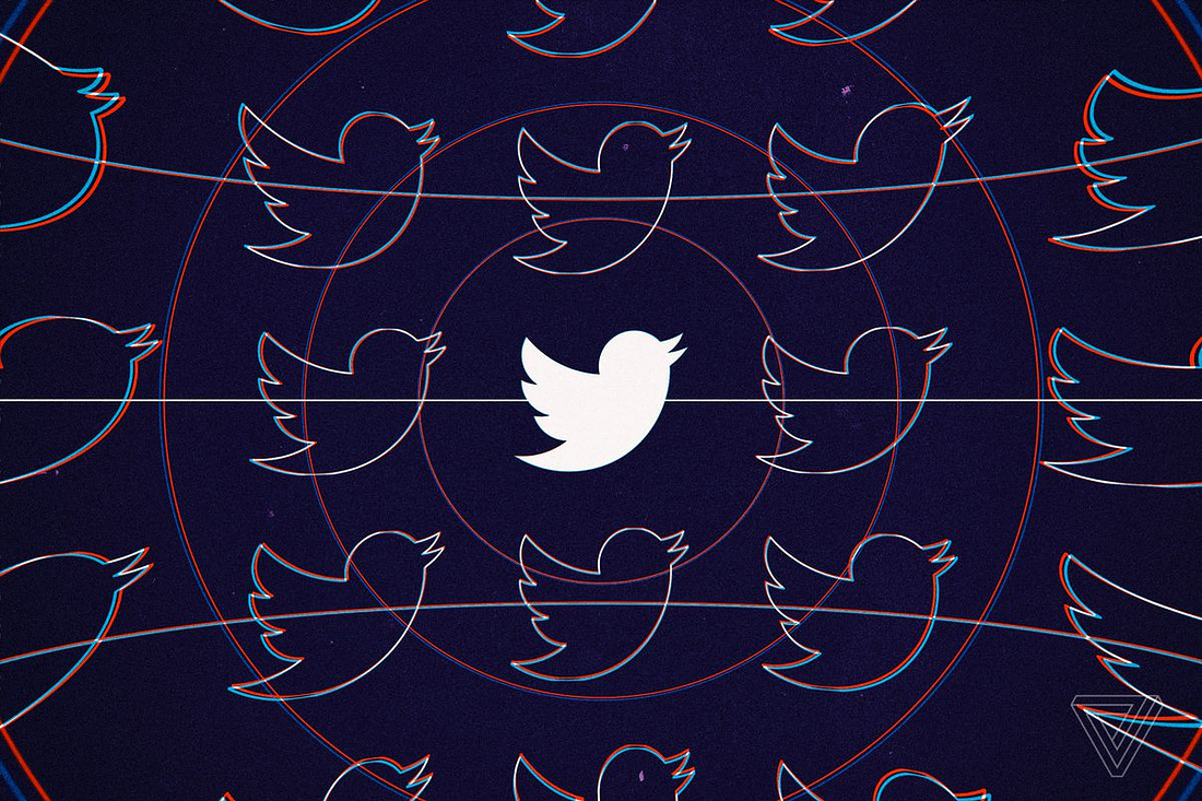 The Twitter bird logo in white against a dark background with outlined logos around it and red circles rippling out from it. 