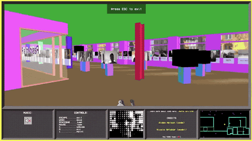 An animated gif of the virtual space, YORB, with colorful shapes and cubes with live webcam video, moving around in 3D