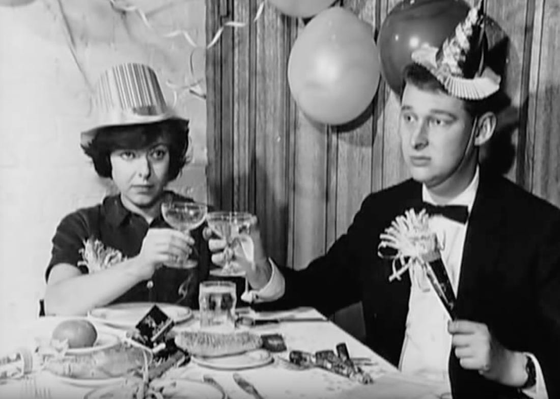 Elaine May and Mike Nichols grimly toasting to another bullshit year