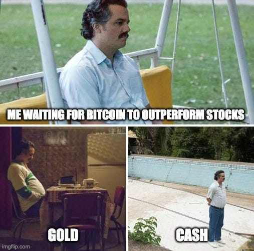 Sad Pablo Escobar Meme | ME WAITING FOR BITCOIN TO OUTPERFORM STOCKS; GOLD; CASH | image tagged in memes,sad pablo escobar | made w/ Imgflip meme maker Sad Pablo Escobar Meme | ME WAITING FOR BITCOIN TO OUTPERFORM STOCKS; GOLD; CASH | image tagged in memes,sad pablo escobar | made w/ Imgflip meme maker
