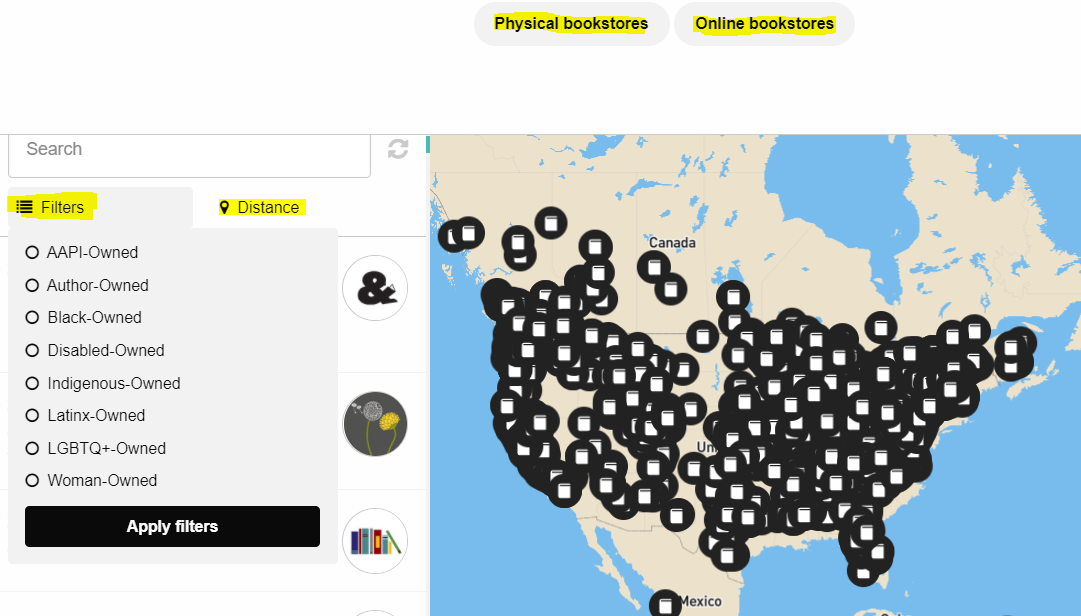 Screen shot of Libro.fm's bookshop search. At the top are two buttons. One is physical bookstores. One is online bookstores. on the left are filters for different categories of ownership of bookstores, such as Black-Owned and Indigenous-Owned. On the right is a map of the United States with multiple book icons all over it indicating locations of independent bookstores.