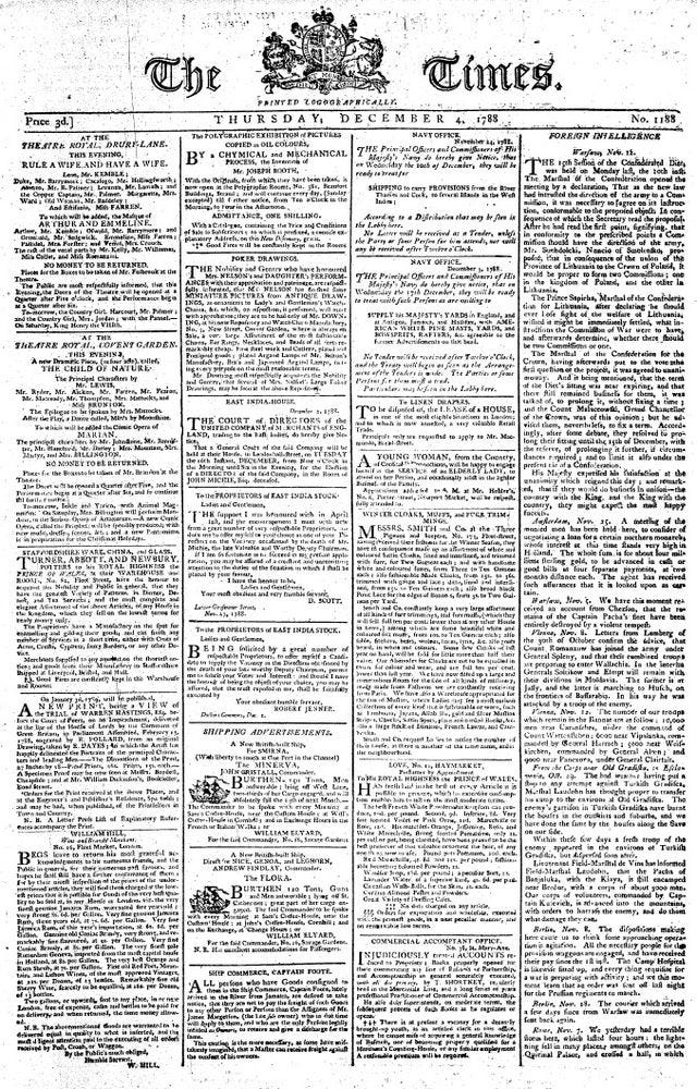 Front Page of The Times Newspaper 1788