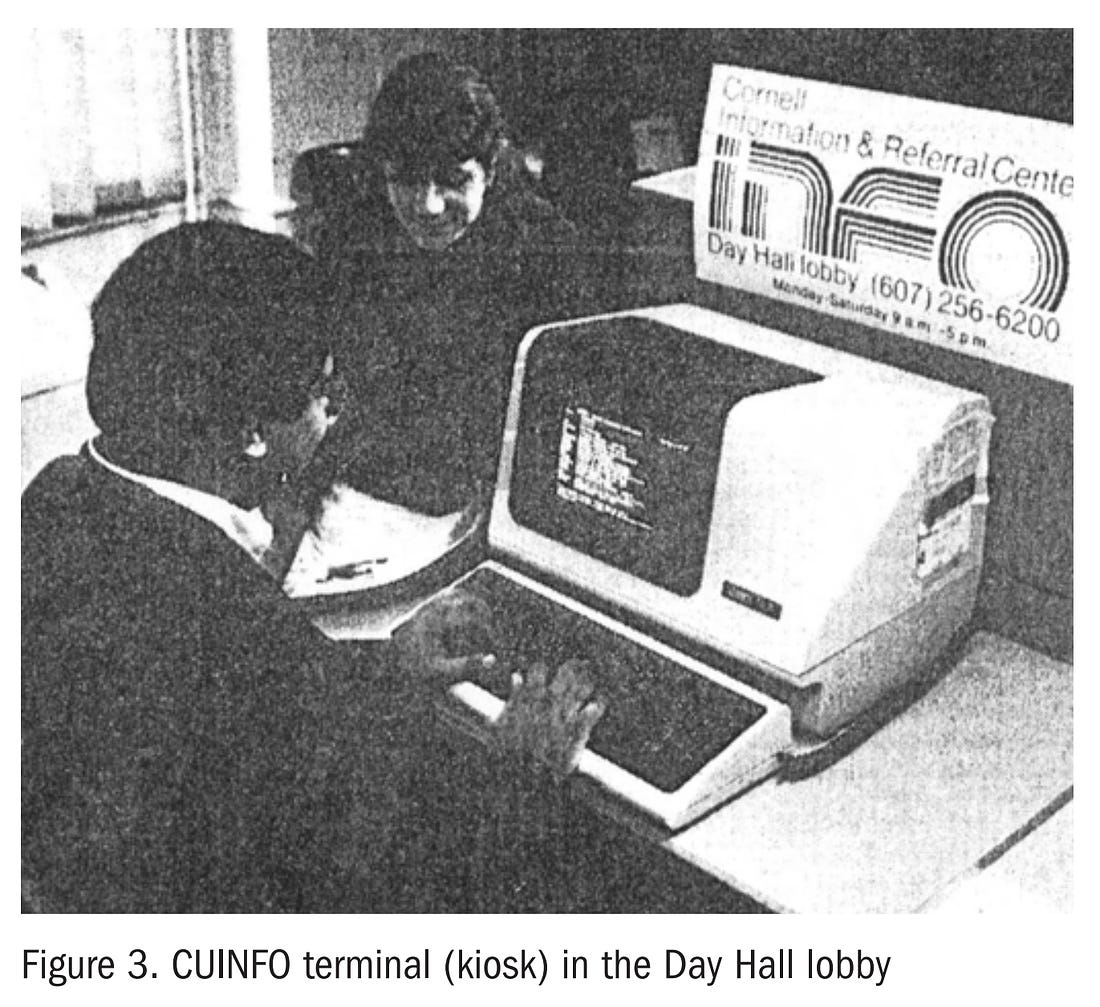A person using a mainframe terminal looking at a text sceen while another looks over the screen as well. There is a very mod sign saying "CUINFO"
