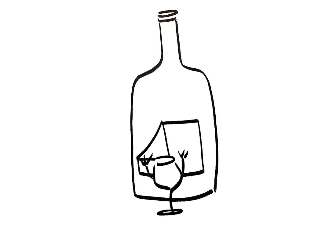 An anthropomorphic wine glass adjusting the label on a wine bottle