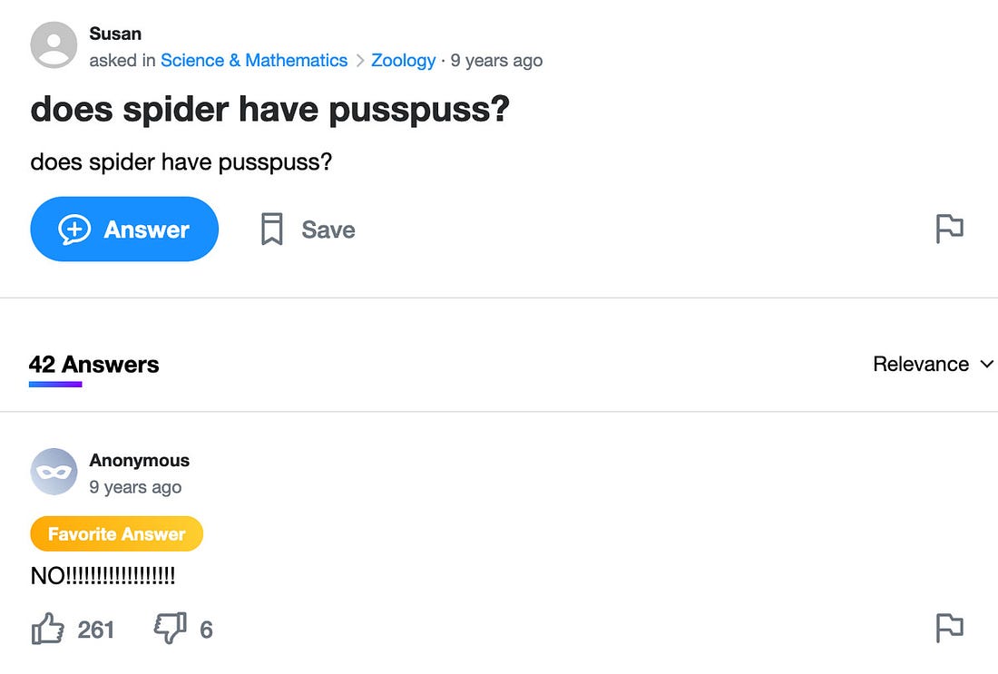Yahoo Answers post: Does spider have pusspuss?