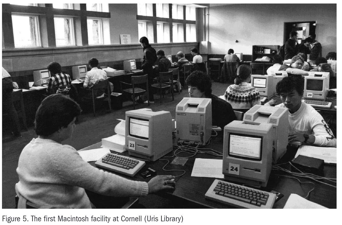 Students in the library using shared public access Macintosh computers c. 1984