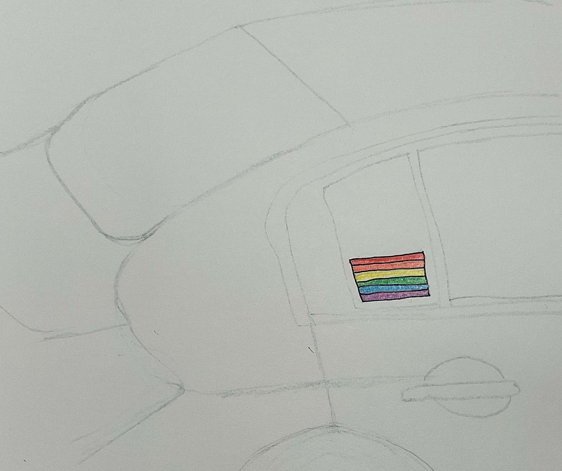 Line drawing of the side of a car with a small rainbow flag sticker in the back window
