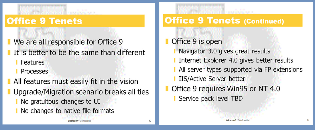 Office 9 TenetsWe are all responsible for Office 9It is better to be the same than differentFeaturesProcessesAll features must easily fit in the visionUpgrade/Migration scenario breaks all tiesNo gratuitous changes to UINo changes to native file formats Office 9 Tenets (Continued)Office 9 is openNavigator  3.0 gives great resultsInternet Explorer 4.0 gives better resultsAll server types supported via FP extensionsIIS/Active Server betterOffice 9 requires Win95 or NT 4.0Service pack level TBD