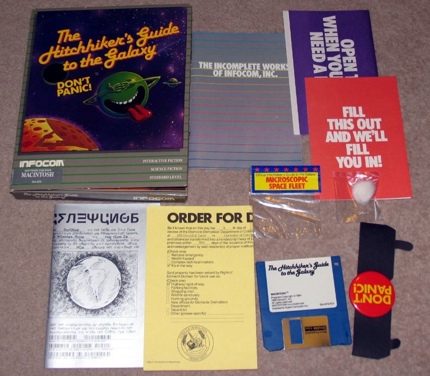 Contents of the original Hitchhiker's Guide retail package.