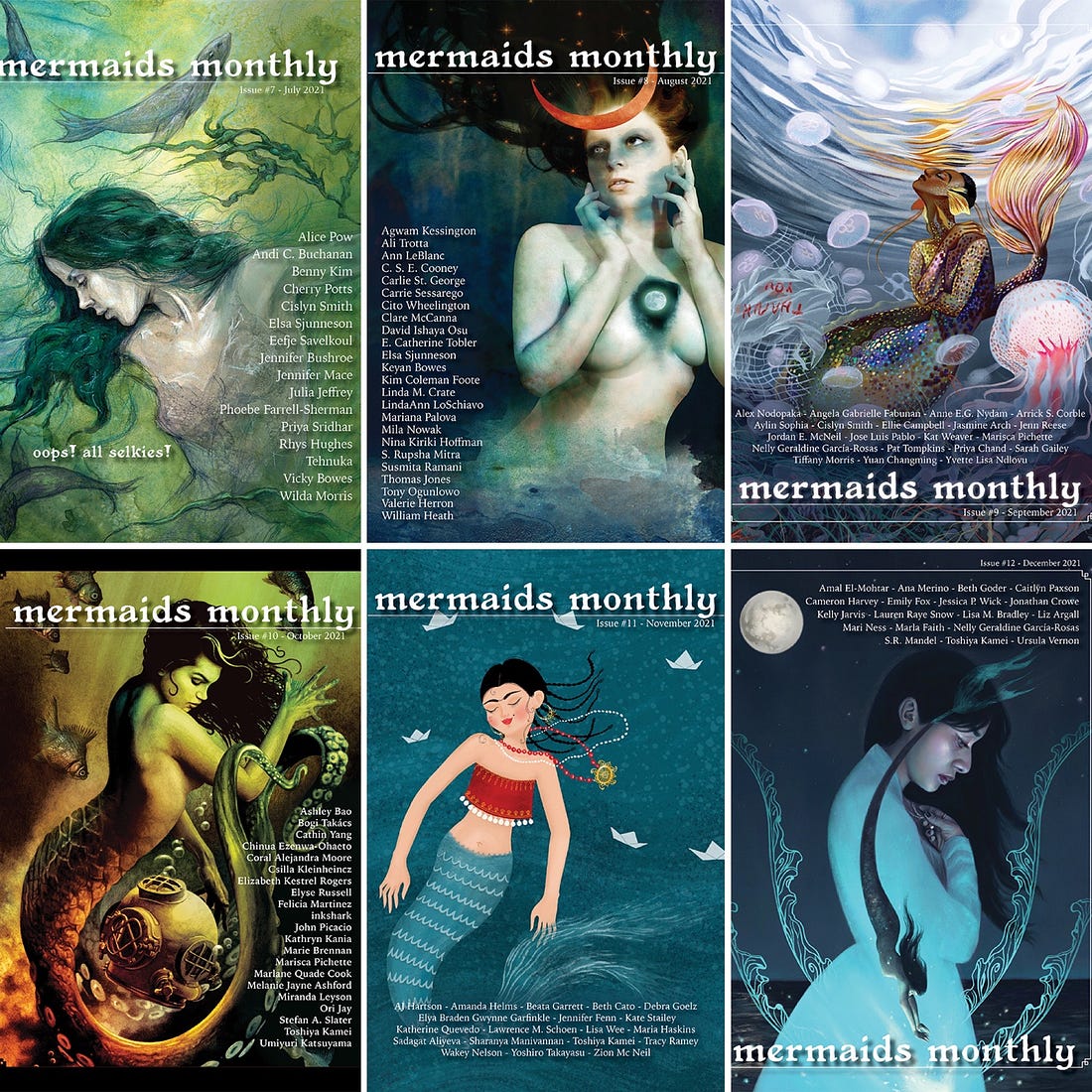 The last six covers of Mermaids Monthly for 2021, arranged in a grid