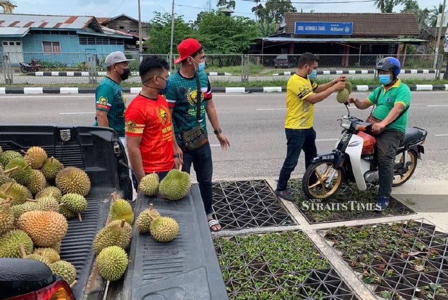 MZ Gold KB distributes free durians to motorists passing through Jalan Pasir Pekan in Tumpat today. - NSTP/SHARIFAH MAHSINAH ABDULLAH
