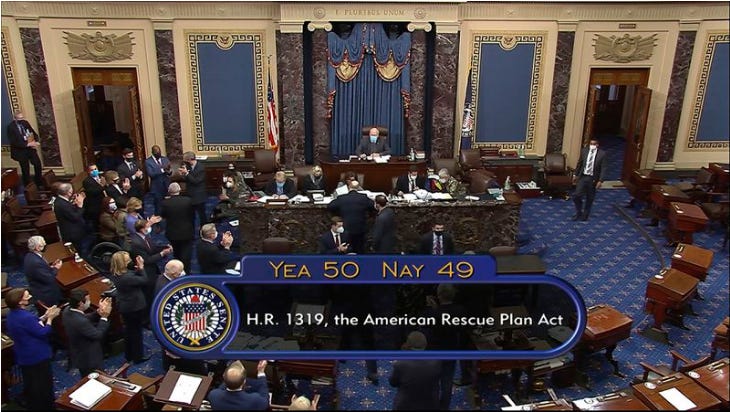 Screenshot of Senate vote on American Rescue Plan, Yea 50, Nay 49. Crowd of Senators clapping.