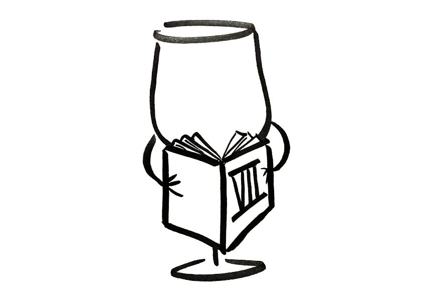 Anthropomorphic wine glass reading a book