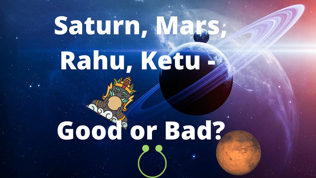 The image shows myths of bad planets in astrology. Planets Saturn, Mars, Rahu and Ketu with the words - Saturn, Mars, Rahu, Ketu - Good or Bad? is shown in the image