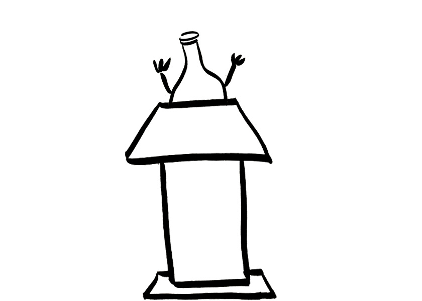An anthropomorphic wine bottle is pontificating like a politician behind a podium
