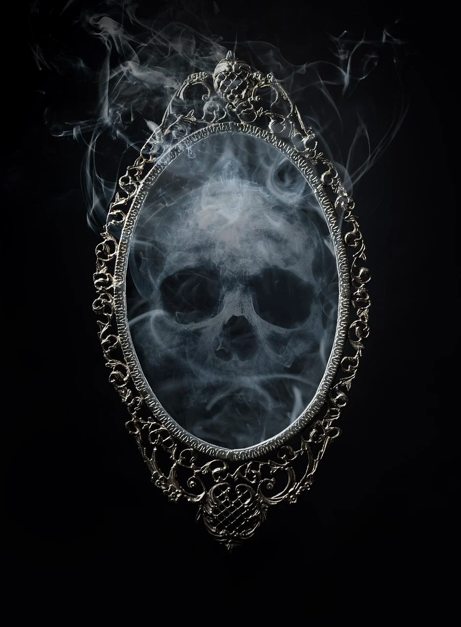 spooky mirror reflection skull