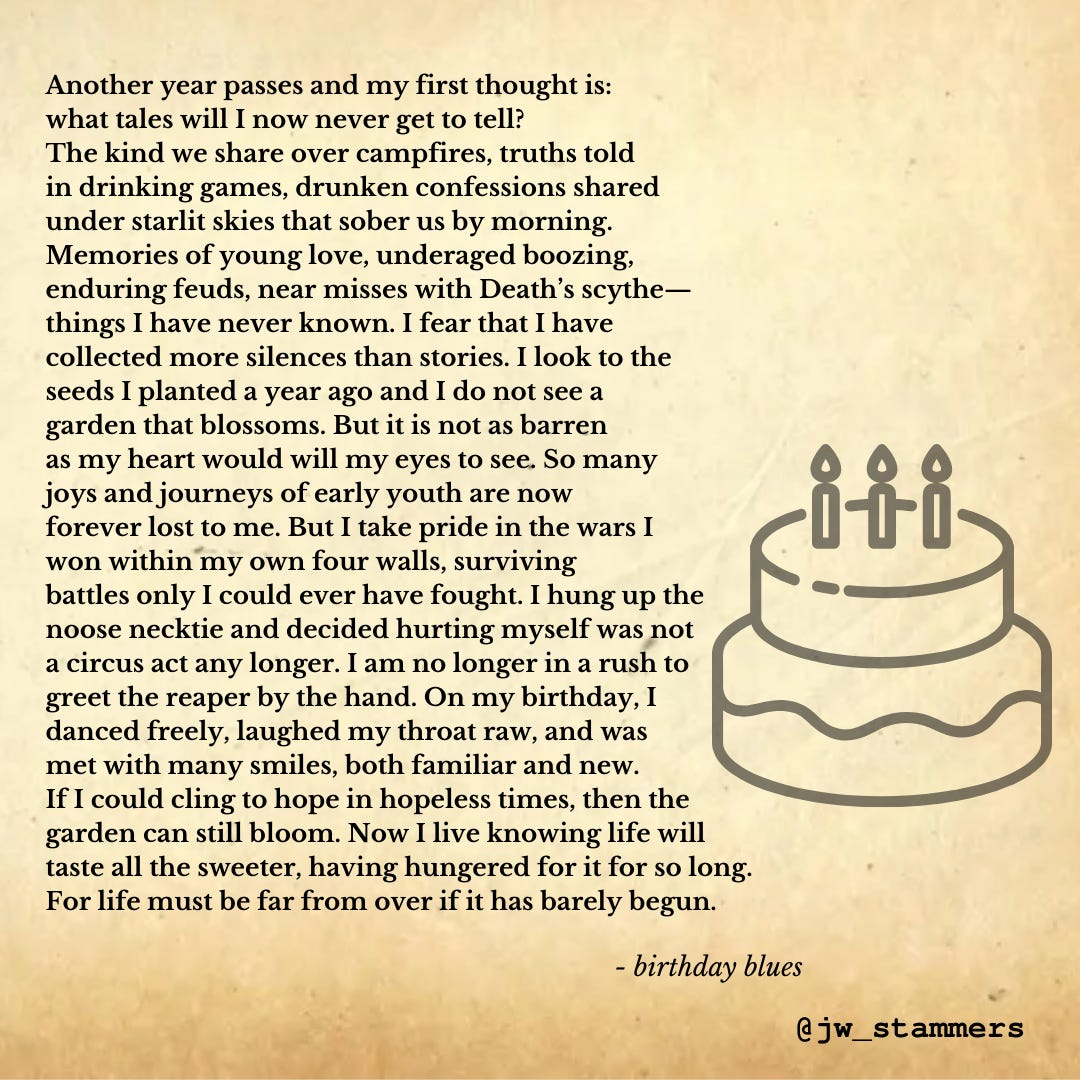 Graphic of the poem on an old parchment background and a faded illustration of a birthday cake.