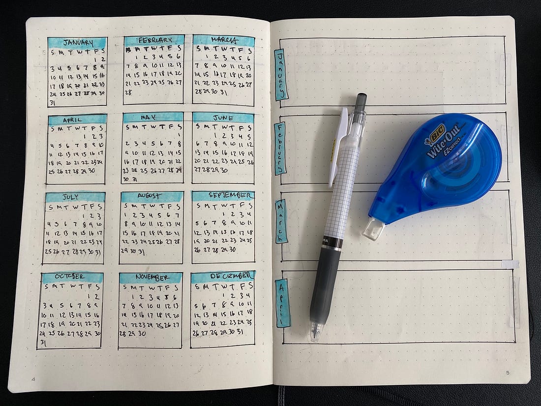 Bullet journal with correction tape and pen