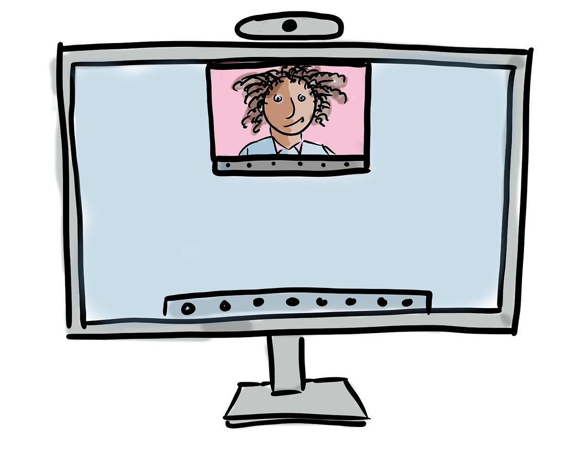 Sketch of a person over Zoom, minimized to a smaller window and placed at the top of the screen near the camera