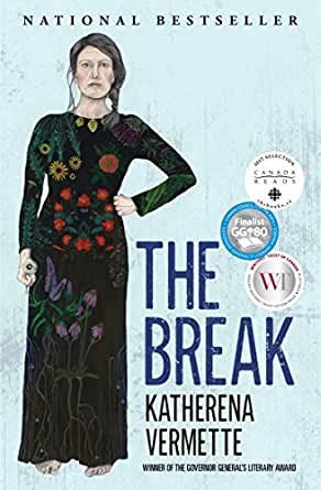 Cover of The Break—Colourful drawing of a woman in a black and flower covered dress & serious expression.