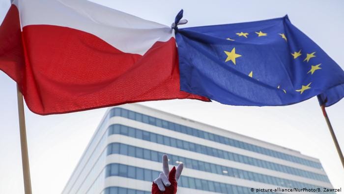 A Polish national flag and an EU flag